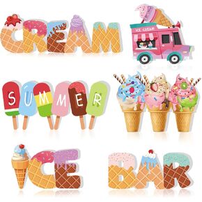 6 Pcs Wooden Ice Cream Table Sign Centerpiece Ice Cream Summer Wood Signs Letter Truck Ice Cream Wooden Table Signs for Bar Decor Ice Cream Party Decorations for Birthday Baby Shower