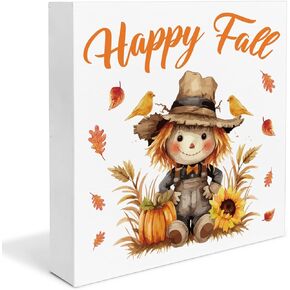 Fall Decor Pumpkin Scarecrow Leaves Wooden Sign Autumn Farmhouse Decorations Home Decor for Desk Table Shelf 5 x 5 Inches