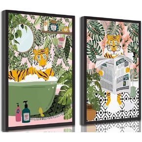 2Pcs Fun Bathtub Animals Bathroom Canvas Wall art Maximalist Tropical Botanical Tiger Reading Newspaper on Toilet Painting Pictures Wall Decor Eclectic Jungle Toilet Poster Print Artwork