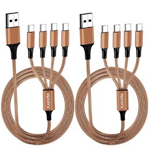 USB C to USB A Multi Charging Cable：Multiple Charger Cord [2Pack 4Ft] Universal Nylon Braided Fast Charge Adapter 4*Type C Port for Cell Phones/Tablets/Samsung/More Devices Home,Car,Travel Use(Brown)