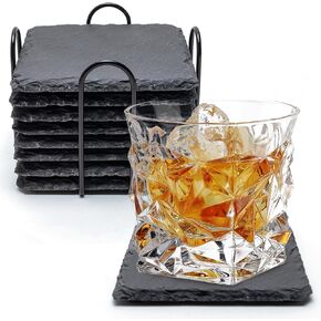Slate Coasters 8 Piece Set - Stone Coaster with Holder Ideal for Engraving, Painting, Bar Table Home Decor, Round