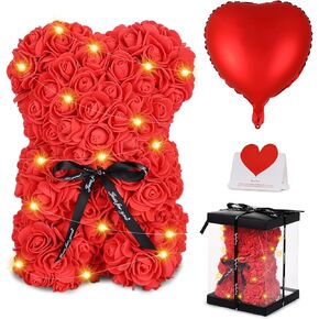 Flower Rose Bear for Mom, Rose Teddy Bear Gifts for Women Mom Wife, for Her, Lighted Up Rose Teddy Bear Gift with Box Lights Balloon Card for Anniversary Mothers Day