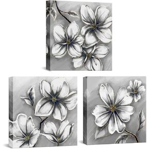 FuShvre 3 Panel Grey Flower Canvas Prints Elegant Magnolia Wall Art Modern Floral Painting for Home Living Room Bedroom Office Wall Decor Stretched and Ready to Hang