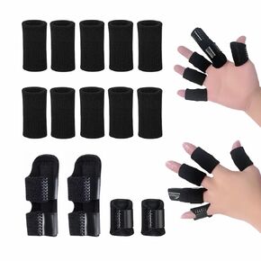 Finger Support Splints, Adjustable Set of 4 Trigger Finger Splint and 10 Nylon Finger Sleeves for Pain Relief, Finger Brace Stabilizer for Broken Finger, Straightening, Arthritis, Injured Finger