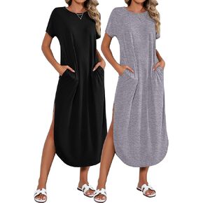 Riyiper 2 قطع المرأة قصيرة الأكمام فستان ماكسي جولة الرقبة عارضة فضفاض سبليت طويل الصيف شاطئ قميص اللباس مع جيوب in Kuwait