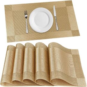 FGSAEOR Placemats, Place Mats for Kitchen Dining Table, Heat-Resistant Anti-Skid Stain Washable PVC Table Mats, Easy to Cleaning Woven Vinyl Dinner Mats (Gold, 6 Pack)