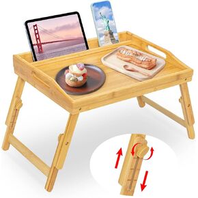 Bed Tray Table for Eating - Bamboo Breakfast Food Table with Phone Tablet Holder - Adjustable Height Serving Tray with Folding Legs on Lap Sofa - Portable Laptop Snack Platter for Bedroom Picnic