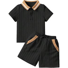 Verdusa Toddler Boy's 2 Piece Outfits Colorblock Short Sleeve Polo Shirt and Shorts Set