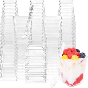 Moretoes 120 Pack 5oz Plastic Dessert Cups with Lids and Spoons, Square Appetizer Cup Sets for Pudding Fruit and Ice Cream (360PCS)
