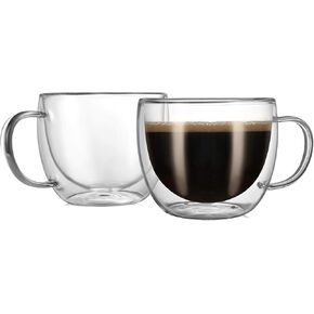 CNGLASS Double Wall Glass Cappuccino Mugs 8.1oz,Clear Insulated Glass Coffee Mug with Handle for Espresso,Latte,Tea,Set of 2
