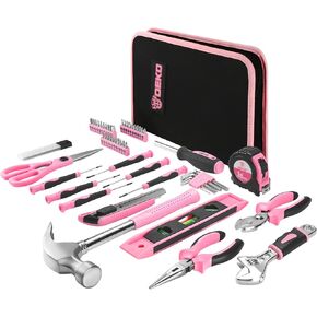 DEKO Pink Tool Set 110 Piece Household Tool Kit,Ladies Portable Tool Set with Easy Carrying Pouch, Perfect for DIY Projects, Home Maintenance