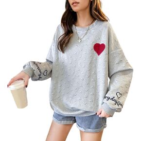 FindThy Women’s Oversized Heart Print Pullover Long Sleeve Crew Neck Waffle Knitted Sweatshirt Pullovers