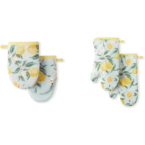 Martha Stewart Lemon Whimsy Mini Oven Mitt 2-Pack Set, 5.5"X8" & Oven Mitt 2-Pack Set, 7"x13", Yellow