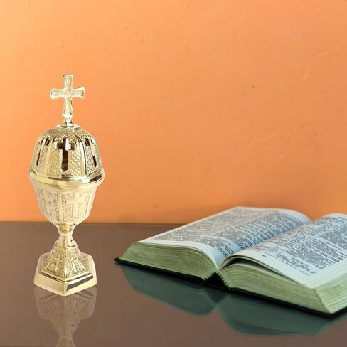 Brass Incense Burner with Cross Finial - High Polished, Catholic Church Supplies, 8 3/8" Height in Saudi Arabia