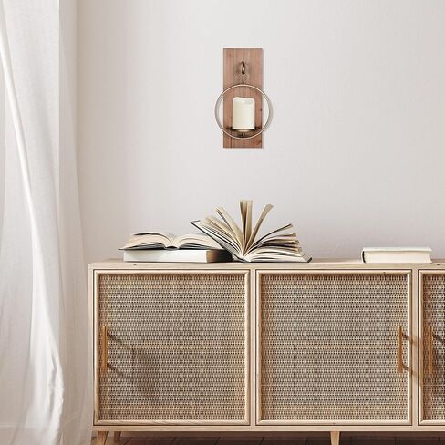 ستراتون ديكور المنزل الخشب والمعدن الجدار الشمعدان النحاس والخشب الطبيعي النهاية، ريفي حديث حامل الحائط in Kuwait