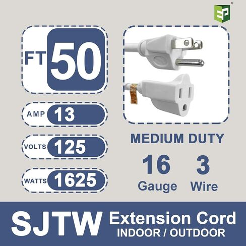 EP 15 Ft Outdoor Extension Cord - 16/3 SJTW Gray Electrical Cable with 3 Prong Grounded Plug, UL Listed in Saudi Arabia