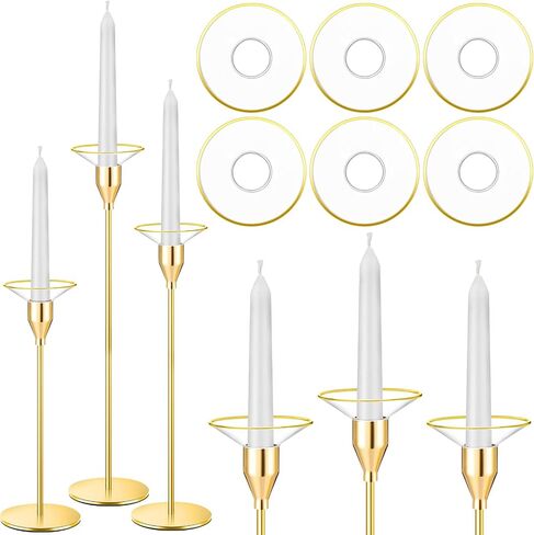 Inbagi 12 Pcs Gold Candle Holders Kit Include 6 Gold Taper Candlestick Holders with 6 Candle Drip Protectors Decoration for Wedding Dinning Housewarming Party Centerpiece in Saudi Arabia