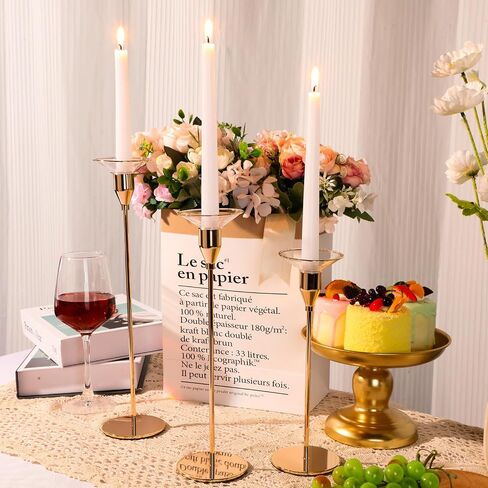 Inbagi 12 Pcs Gold Candle Holders Kit Include 6 Gold Taper Candlestick Holders with 6 Candle Drip Protectors Decoration for Wedding Dinning Housewarming Party Centerpiece in Saudi Arabia