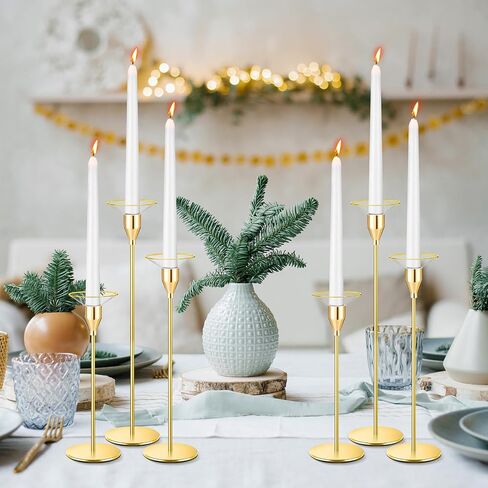 Inbagi 12 Pcs Gold Candle Holders Kit Include 6 Gold Taper Candlestick Holders with 6 Candle Drip Protectors Decoration for Wedding Dinning Housewarming Party Centerpiece in Saudi Arabia