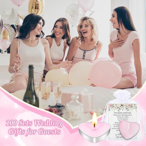 100 مجموعة من هدايا الزفاف للضيوف، 100 شمعة على شكل قلب، شموع صغيرة، هدايا شموع الزفاف للضيوف، 100 بطاقة شكر وأكياس أورجانزا لحفلات الزفاف (الحب، الوردي) in Saudi Arabia