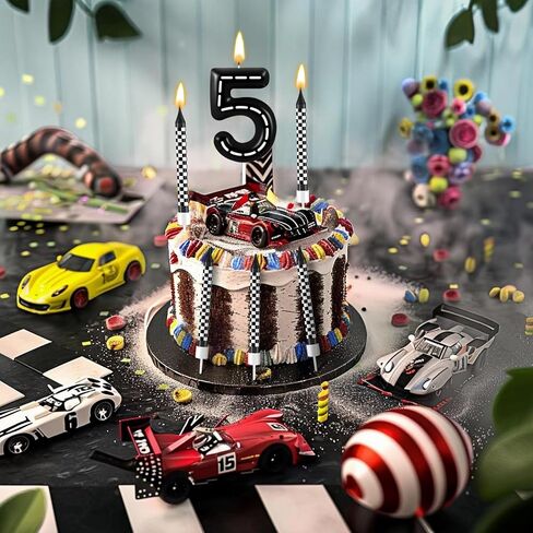 13 قطعة من شموع عيد الميلاد تحت عنوان سيارات السباق - شمعة من 1 إلى 9 أرقام وشموع مربعة باللونين الأسود والأبيض، شموع شاحنة لتزيين الكيك لحفلات السباق وحفلات استقبال المولود الجديد (رقم 5) in Kuwait