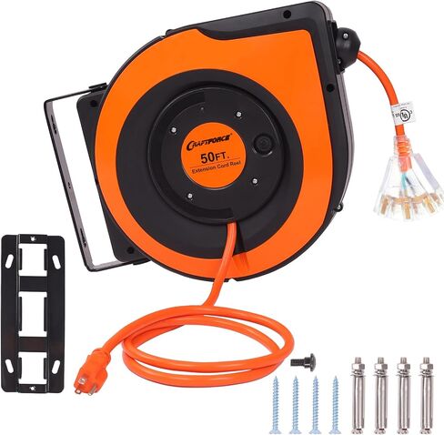 Retractable Extension Cord Reel, 65 FT 14AWG/3C SJTOW Power Cord Reel with 10 Amp Circuit Breaker and Lighted Triple Outlet, 180° Swivel Bracket for Ceiling or Wall Mount, UL Listed in Saudi Arabia