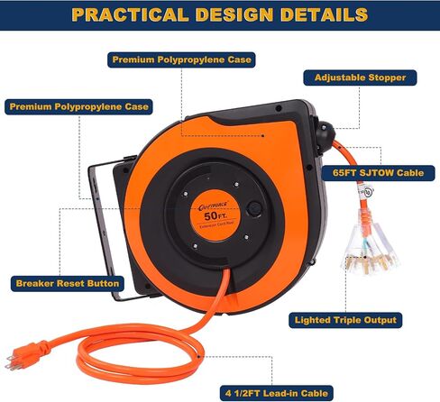 Retractable Extension Cord Reel, 65 FT 14AWG/3C SJTOW Power Cord Reel with 10 Amp Circuit Breaker and Lighted Triple Outlet, 180° Swivel Bracket for Ceiling or Wall Mount, UL Listed in Saudi Arabia