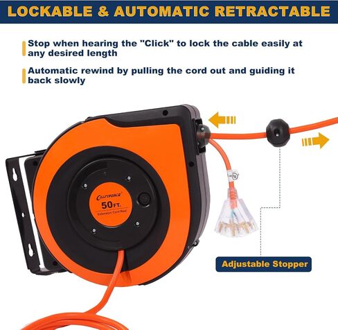 Retractable Extension Cord Reel, 65 FT 14AWG/3C SJTOW Power Cord Reel with 10 Amp Circuit Breaker and Lighted Triple Outlet, 180° Swivel Bracket for Ceiling or Wall Mount, UL Listed in Saudi Arabia