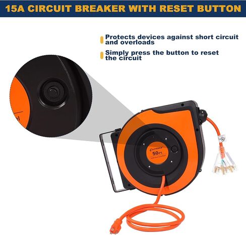 Retractable Extension Cord Reel, 65 FT 14AWG/3C SJTOW Power Cord Reel with 10 Amp Circuit Breaker and Lighted Triple Outlet, 180° Swivel Bracket for Ceiling or Wall Mount, UL Listed in Saudi Arabia