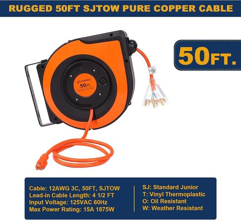 Retractable Extension Cord Reel, 65 FT 14AWG/3C SJTOW Power Cord Reel with 10 Amp Circuit Breaker and Lighted Triple Outlet, 180° Swivel Bracket for Ceiling or Wall Mount, UL Listed in Saudi Arabia