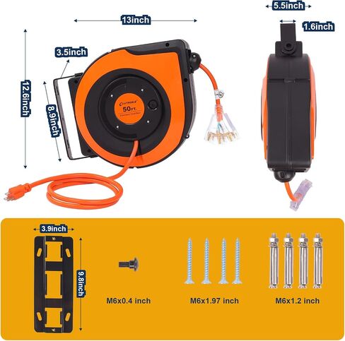 Retractable Extension Cord Reel, 65 FT 14AWG/3C SJTOW Power Cord Reel with 10 Amp Circuit Breaker and Lighted Triple Outlet, 180° Swivel Bracket for Ceiling or Wall Mount, UL Listed in Saudi Arabia