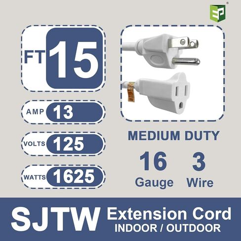 EP 15 Ft Outdoor Extension Cord - 16/3 SJTW Gray Electrical Cable with 3 Prong Grounded Plug, UL Listed in Saudi Arabia