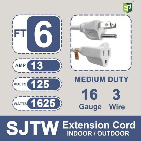 EP 15 Ft Outdoor Extension Cord - 16/3 SJTW Gray Electrical Cable with 3 Prong Grounded Plug, UL Listed in Saudi Arabia