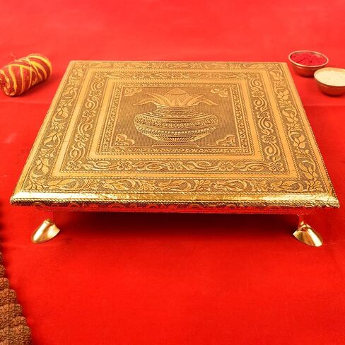 SATVIK 8 X 8 Inch Puja Choki | Meenakari Chowki for Puja Table with Kalash Design Ganesh Murti Sthapana Statue Choki/Chokki Mandir Temple Wedding Bajot Stool Stand Home Decor Pooja Festival Gift Items in Saudi Arabia