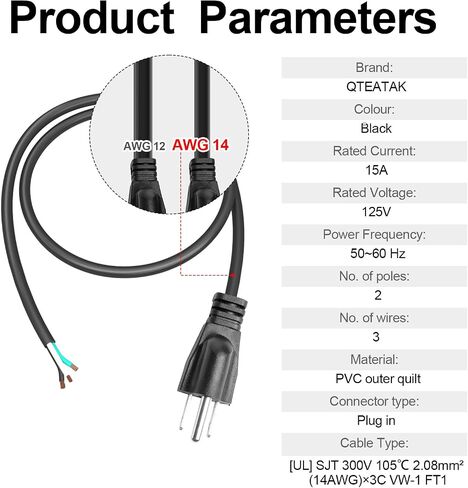 QTEATAK 100cm Male Plug Extension Cord 125V 15A 2-Pole 3-Wire Male Straight Blade Plug with AWG12 Cable, includes 5 Heat Shrink Tubes (Male 1 Pack) in Saudi Arabia