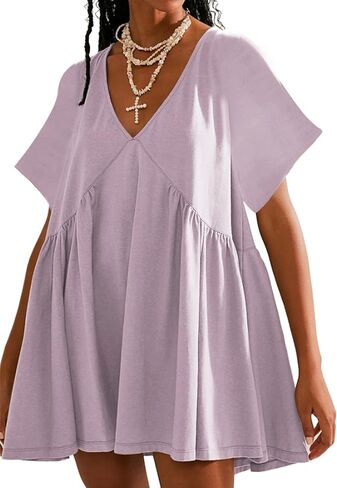 فستان Watashi النسائي الصيفي قصير الأكمام قصير الأكمام ورقبة على شكل حرف V كاجوال فضفاض ومطوي فستان قصير برقبة الدمية مع جيوب in Kuwait