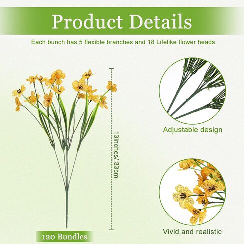 120 Bundles Artificial Flowers for Outdoors UV Resistant Faux Flowers for Garden Porch Window Yard Home Office School Weddings Indoor Outside Decorations (Yellow) in Saudi Arabia
