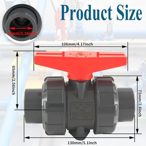 1 "PVC True Union Ball Valve، صمام كروي ذو مقبس منزلق مع منفذ كامل، حلقة دائرية EPDM، مصنف عند 150 رطل لكل بوصة مربعة، مقبس 1 بوصة in Kuwait