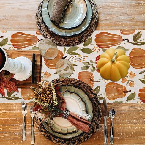 مفرش طاولة قرع الخريف مقاس 13 × 72 بوصة، ديكورات طاولة القرع بالألوان المائية للحصاد الموسمي في الخريف وعيد الشكر في المزرعة المنزلية والمطبخ وحفلات الطعام in Kuwait