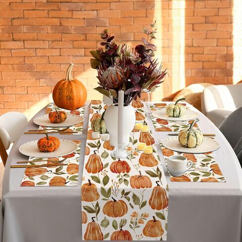 مفرش طاولة قرع الخريف مقاس 13 × 72 بوصة، ديكورات طاولة القرع بالألوان المائية للحصاد الموسمي في الخريف وعيد الشكر في المزرعة المنزلية والمطبخ وحفلات الطعام in Kuwait