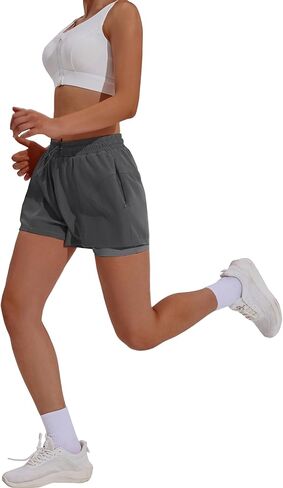 PINSPARK Athletic Shorts for Women High Waisted Workout Short 2 in 1 Running Shorts Gym Shorts with Zipper Pockets in Kuwait