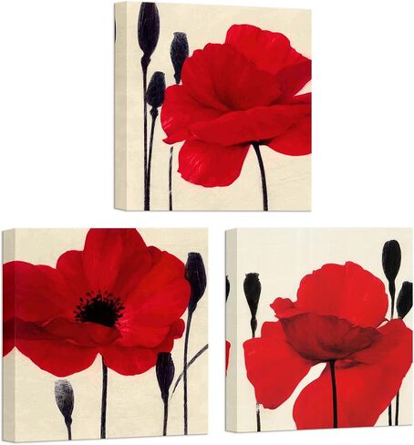 Red Poppy Canvas Wall Art Flower Picture Floral Painting Modern Artwork for Living Room Bedroom Bathroom Wall Decoration Framed,12"x12"x3 in Saudi Arabia