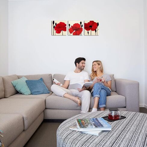 Red Poppy Canvas Wall Art Flower Picture Floral Painting Modern Artwork for Living Room Bedroom Bathroom Wall Decoration Framed,12"x12"x3 in Saudi Arabia
