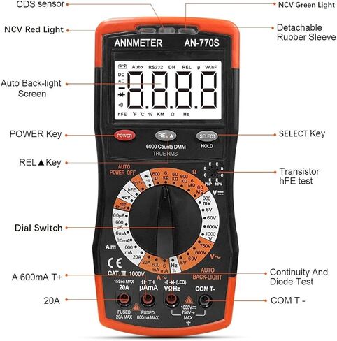 ANNMETER Digital Multimeter, AUTO-Ranging 6000 Counts TRMS DC&AC Vlotmeter Ohm Amp Resistance Capacitor Meter, Measures Frequency Duty Cycle Temp Transistor hEF AN-770S in Kuwait