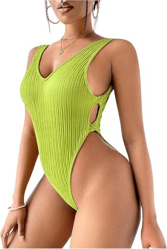MakeMeChic Women's Cut Out Bodysuit Ribbed Knit Sleeveless V Neck High Cut Backless Tank Bodysuit in Saudi Arabia