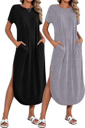 Riyiper 2 قطع المرأة قصيرة الأكمام فستان ماكسي جولة الرقبة عارضة فضفاض سبليت طويل الصيف شاطئ قميص اللباس مع جيوب in Kuwait