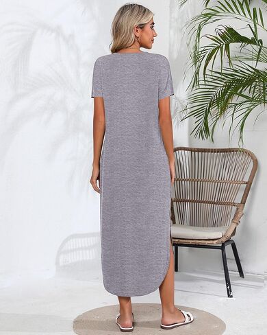 Riyiper 2 قطع المرأة قصيرة الأكمام فستان ماكسي جولة الرقبة عارضة فضفاض سبليت طويل الصيف شاطئ قميص اللباس مع جيوب in Kuwait