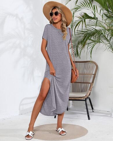 Riyiper 2 قطع المرأة قصيرة الأكمام فستان ماكسي جولة الرقبة عارضة فضفاض سبليت طويل الصيف شاطئ قميص اللباس مع جيوب in Kuwait