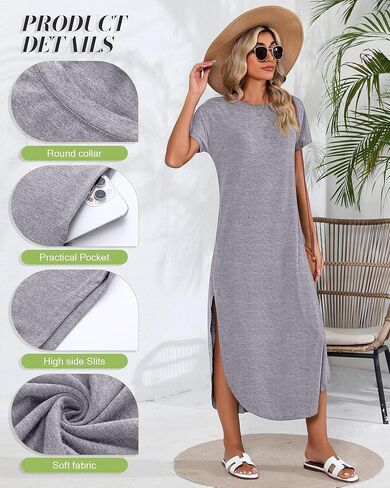 Riyiper 2 قطع المرأة قصيرة الأكمام فستان ماكسي جولة الرقبة عارضة فضفاض سبليت طويل الصيف شاطئ قميص اللباس مع جيوب in Kuwait