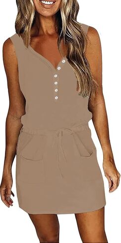 فستان SAUKOLE للسيدات قصير صيفي متأرجح مع جيوب وأغطية كاجوال فضفاضة للشمس in Kuwait